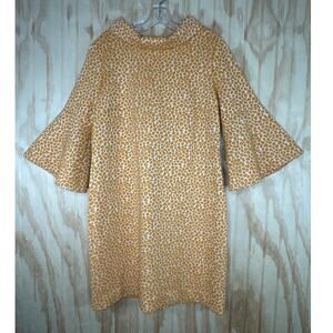 Tyler Boe Mustard Animal Print Bell Sleeve Shift Dress Back Zipper Size Medium